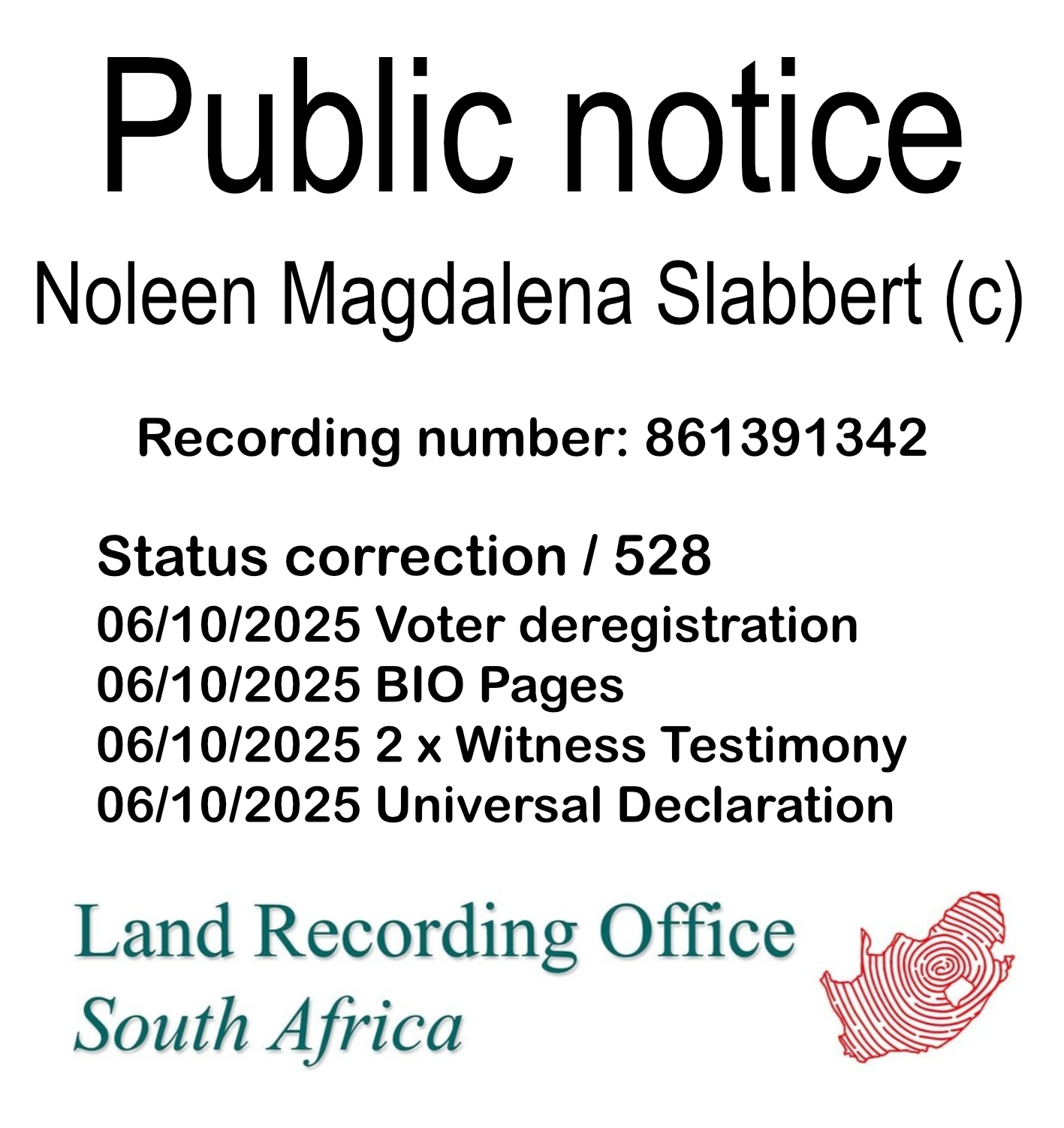 Public notice Noleen Magdalena Slabbert Recording number 861391342